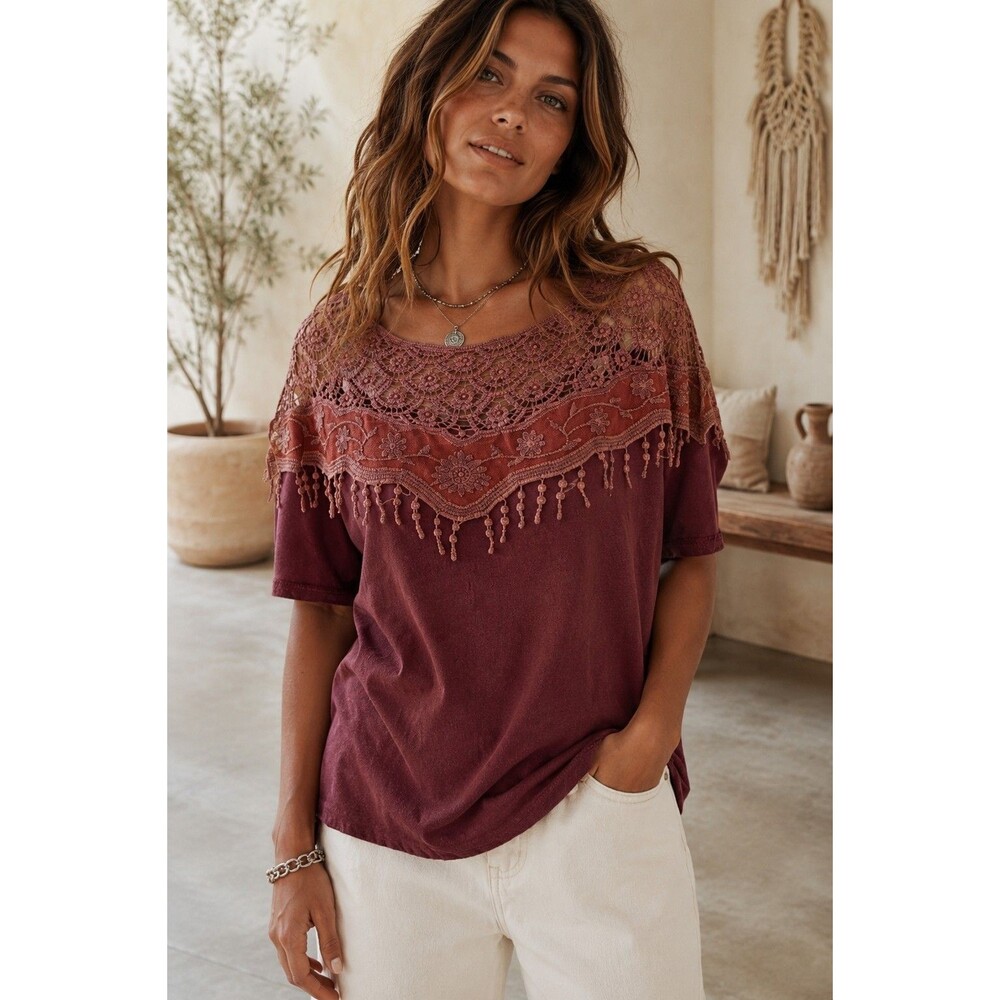 POL Crochet Boho Knit Short Sleeve Top Med Mauve Pink Granny Cottage Grunge Lace